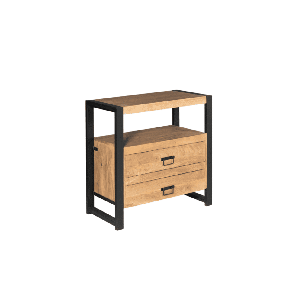 Kast met houten planken en industrieel zwart metalen frame, modern en functioneel ontwerp.