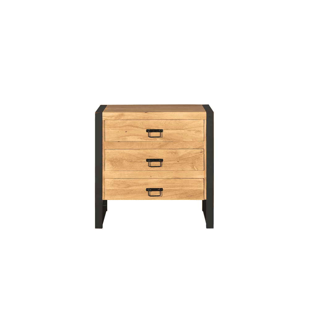 Robuuste houten ladekast met zwart metalen frame, perfect voor modern industrieel interieur, veel opbergruimte, maatwerk meubels, hoogwaardige afwerking bij Mokana Meubelen.