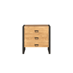 Industriële houten nachtkastje met zwarte metalen details en drie ladevakken voor opbergen.