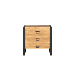 Robuuste houten ladekast met zwart metalen frame, modern design, perfect als opbergmeubel in woonkamer of slaapkamer, gemaakt door Mokana Meubelen.