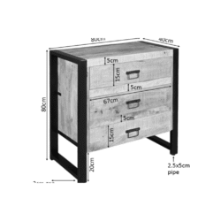 Houten ladekast met zwart metalen frame, Industrieel meubel ontwerp, Mokana Meubelen, compact en functioneel opbergmeubel, Maattabel en afmetingen voor landelijke interieurs.