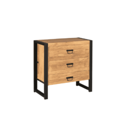 Natuurlijke houten ladekast met metalen accenten, modern industrieel ontwerp, ideaal voor woonkamer of slaapkamer, handgemaakte kwaliteit, stevige constructie, Mokana Meubelen.