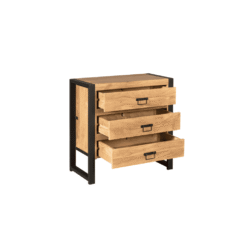 Rustieke eikenhouten dressoir met industrieel zwart metalen frame, perfect voor een moderne woonkamer of slaapkamer. Handgeplooide lades bieden royale opbergruimte en stijlvolle uitstraling.