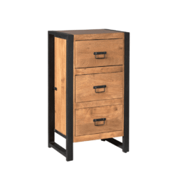 4. Strak houten ladekast met zwart metalen frame, perfect voor een industrieel interieur, biedt praktische opbergruimte en een moderne uitstraling.