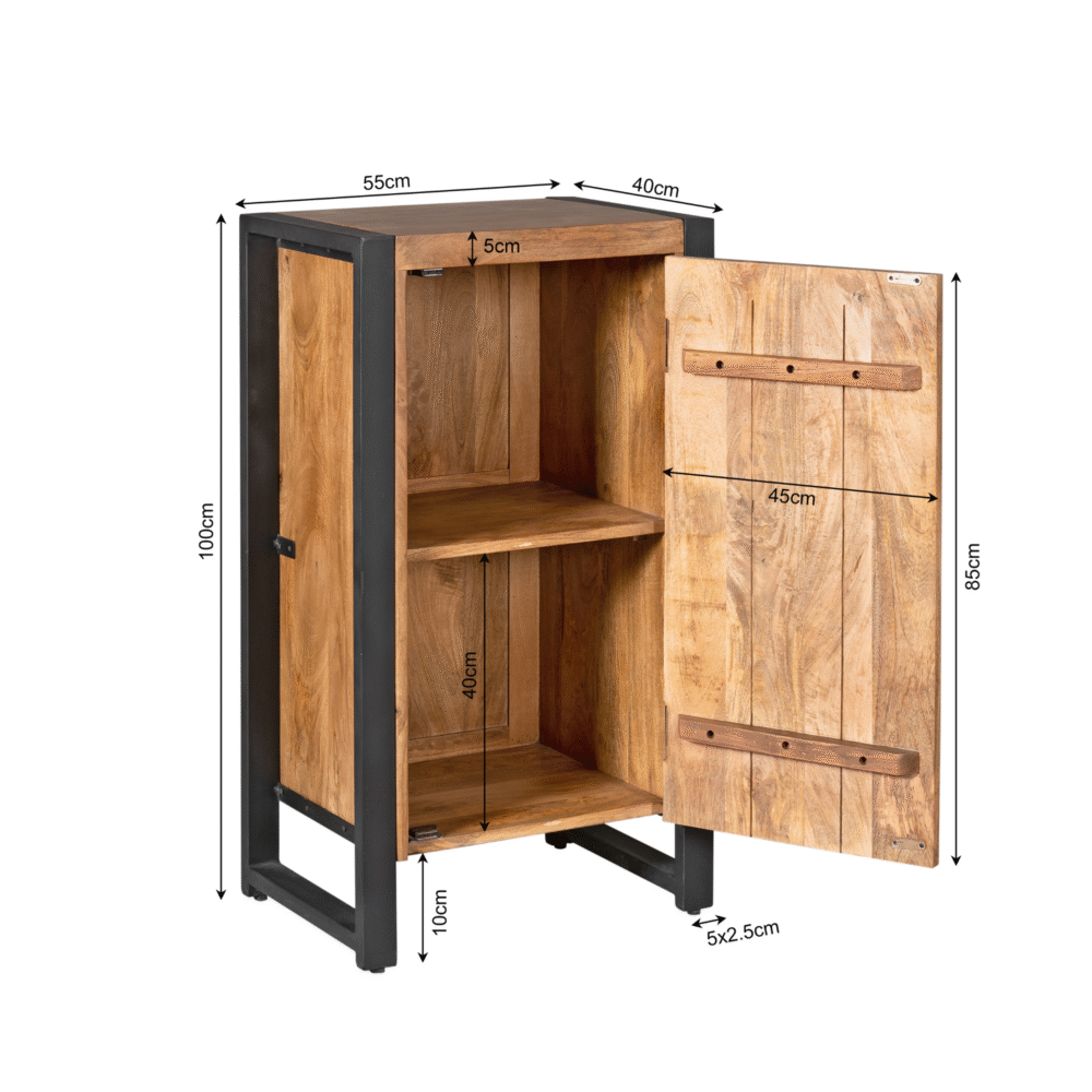 Kast met industrieel design, gemaakt van massief hout en metalen frame, perfect voor opbergoplossingen in elk interieur.