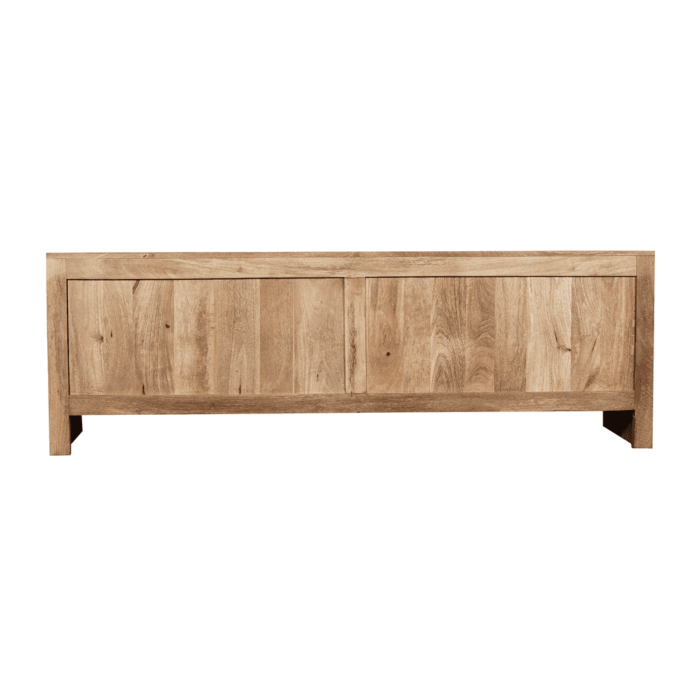 Robuuste houten tv-meubel in naturel finish, perfect voor een landelijke of moderne woonstijl. Ontworpen voor een tijdloze, duurzame uitstraling en praktisch opbergen van media-apparatuur.