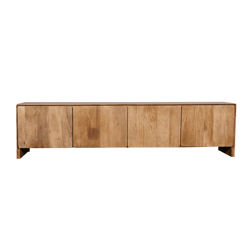 Robuuste houten tv-meubel met natuurlijke afwerking, perfect voor industrieel en modern interieur. Geschikt voor tv en opbergruimte. Gemaakt van massief hout, ontworpen door Mokana Meubelen.