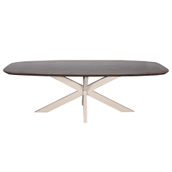 Strakke houten eetkamertafel met moderne tafelvoet in een landelijke stijl, perfect voor een stijlvolle eethoek of vergaderruimte.