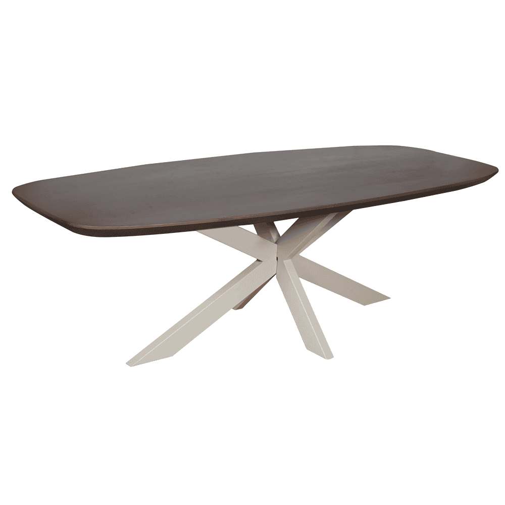Elegante eettafel met een donker houten blad en een moderne witte onderstel, perfect voor elke eetkamer. Mokana Meubelen biedt stijlvolle, duurzame meubels op maat voor jouw interieur.