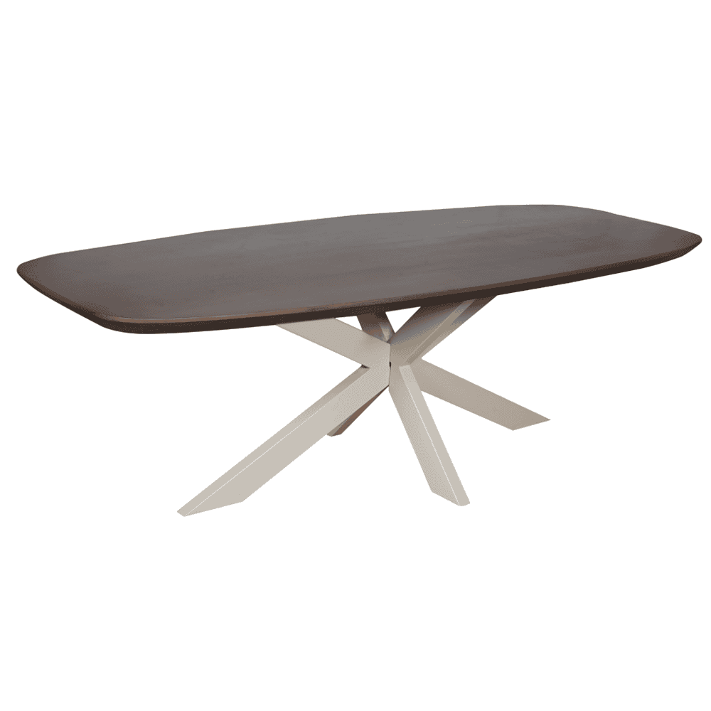Massieve eettafel met donkerhouten blad en unieke Scandinavische houten onderstel, perfect voor moderne en landelijke interieurs, verkrijgbaar bij Mokana Meubelen.