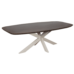 Massieve eettafel met donkerhouten blad en unieke Scandinavische houten onderstel, perfect voor moderne en landelijke interieurs, verkrijgbaar bij Mokana Meubelen.