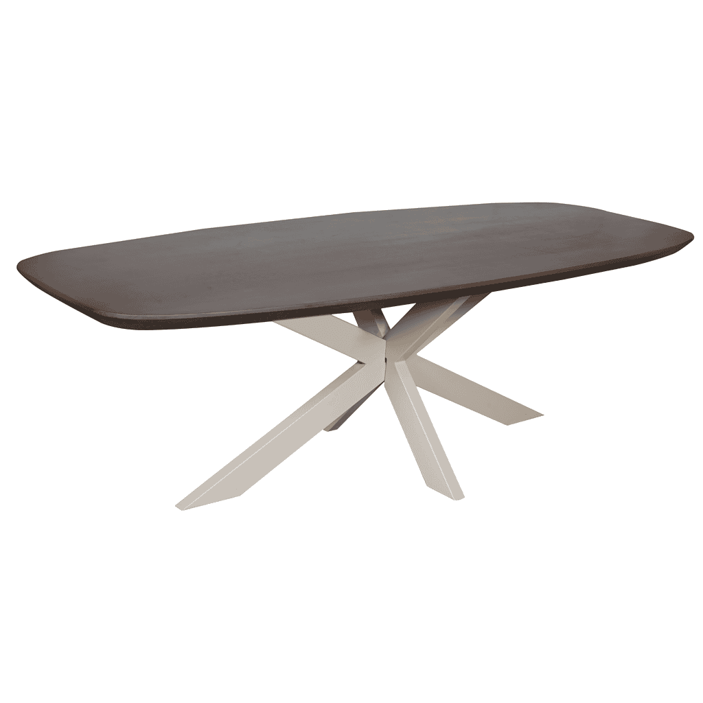 Elegante eettafel met een donker houten blad en een moderne witte onderstel, perfect voor elke eetkamer. Mokana Meubelen biedt stijlvolle, duurzame meubels op maat voor jouw interieur.