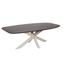Strakke houten eettafel met uniek wit onderstel, perfect voor moderne eetkamers, gemaakt door Mokana Meubelen.