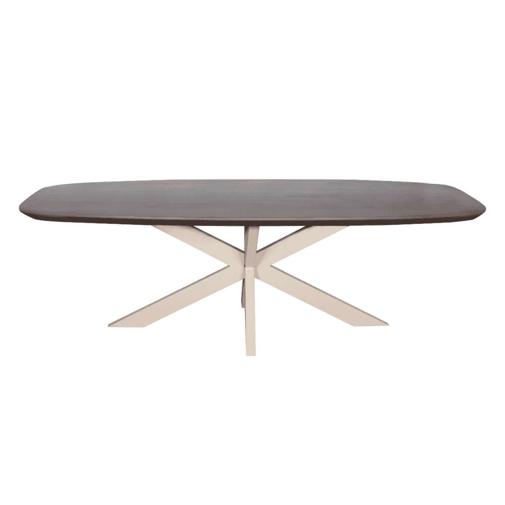Minimalistische houten eettafel met donker eiken blad en witte onderstel, modern en Scandinavisch design voor eetkamers en woonruimtes.