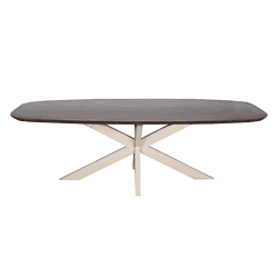 Minimalistische houten eettafel met donker eiken blad en witte onderstel, modern en Scandinavisch design voor eetkamers en woonruimtes.