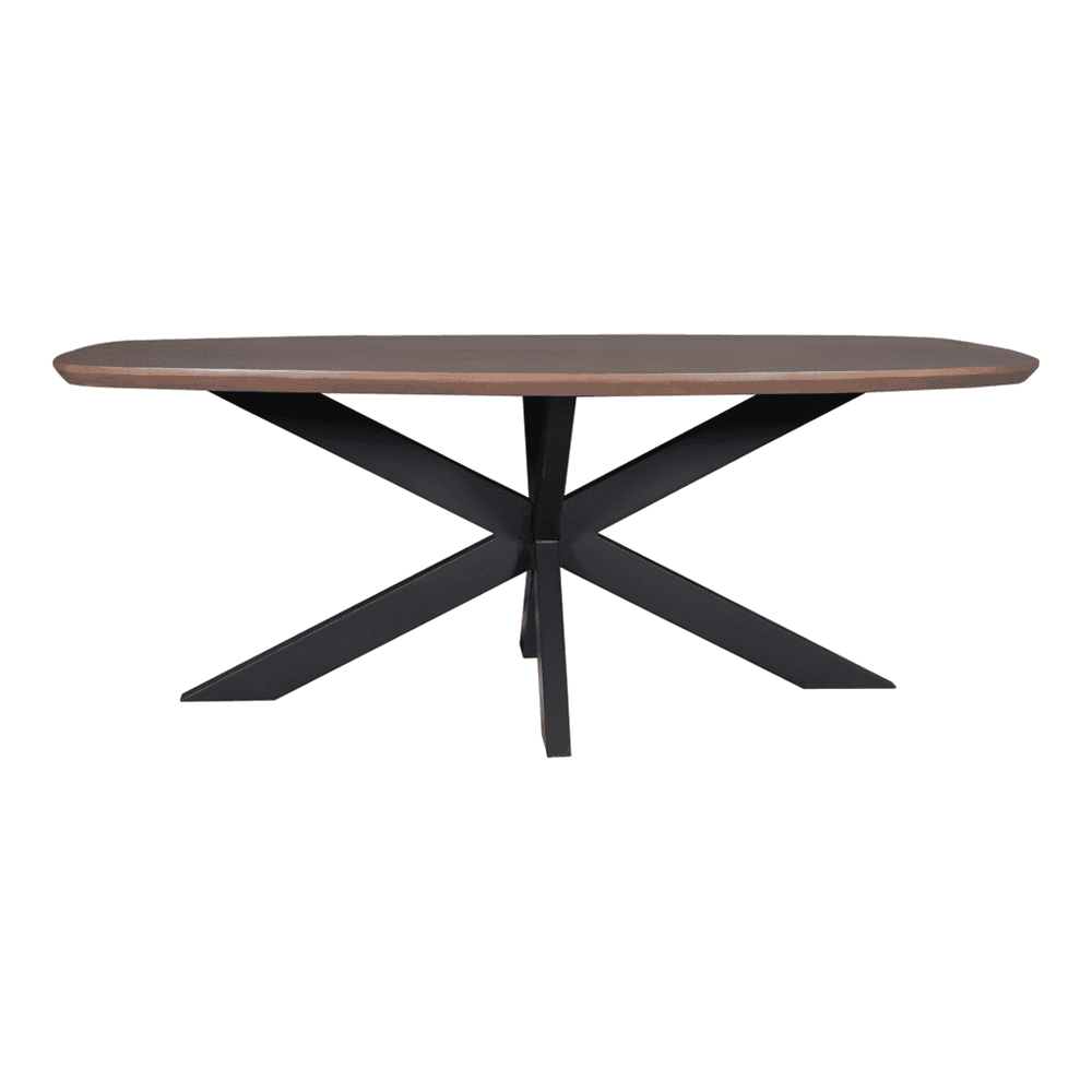 Modern eettafel met een houten blad en zwart metalen onderstel, geschikt voor een eigentijdse stoel of bank, perfect voor gezellige eethoeken en moderne interieurs.