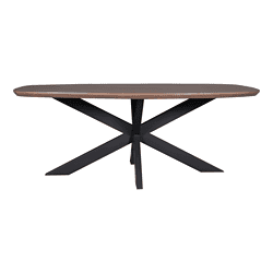 Modern eettafel met een houten blad en zwart metalen onderstel, geschikt voor een eigentijdse stoel of bank, perfect voor gezellige eethoeken en moderne interieurs.