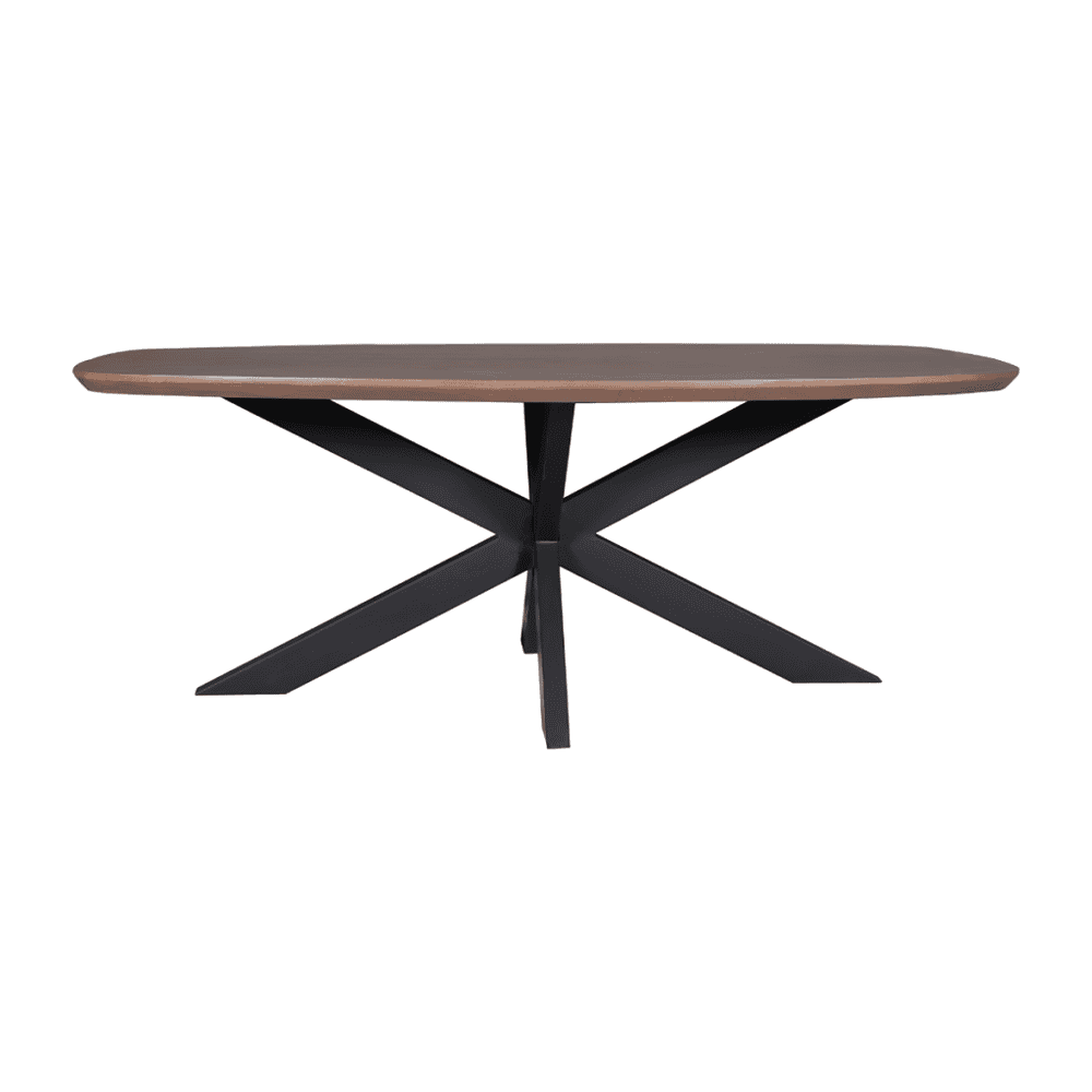 Modern eettafel van donker hout met uniek zwart onderstel, perfect voor een eigentijdse eetkamer of vergaderruimte. Geschikt voor diverse interieurstijlen en comfortabel voor familiediners en bijeenkomsten.