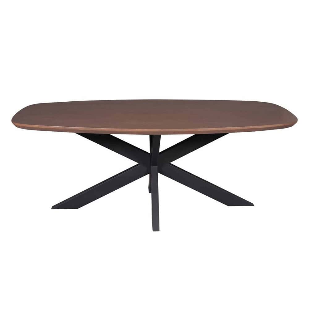 Eettafel met een houten blad en zwart metalen onderstel, modern en stijlvol design, perfect voor eetkamers en thuiswerkkamers.