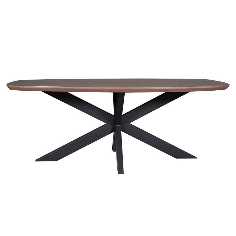 Elegante houten eettafel met zwart onderstel, modern design, perfect voor een stijlvolle woon- of eetkamer.