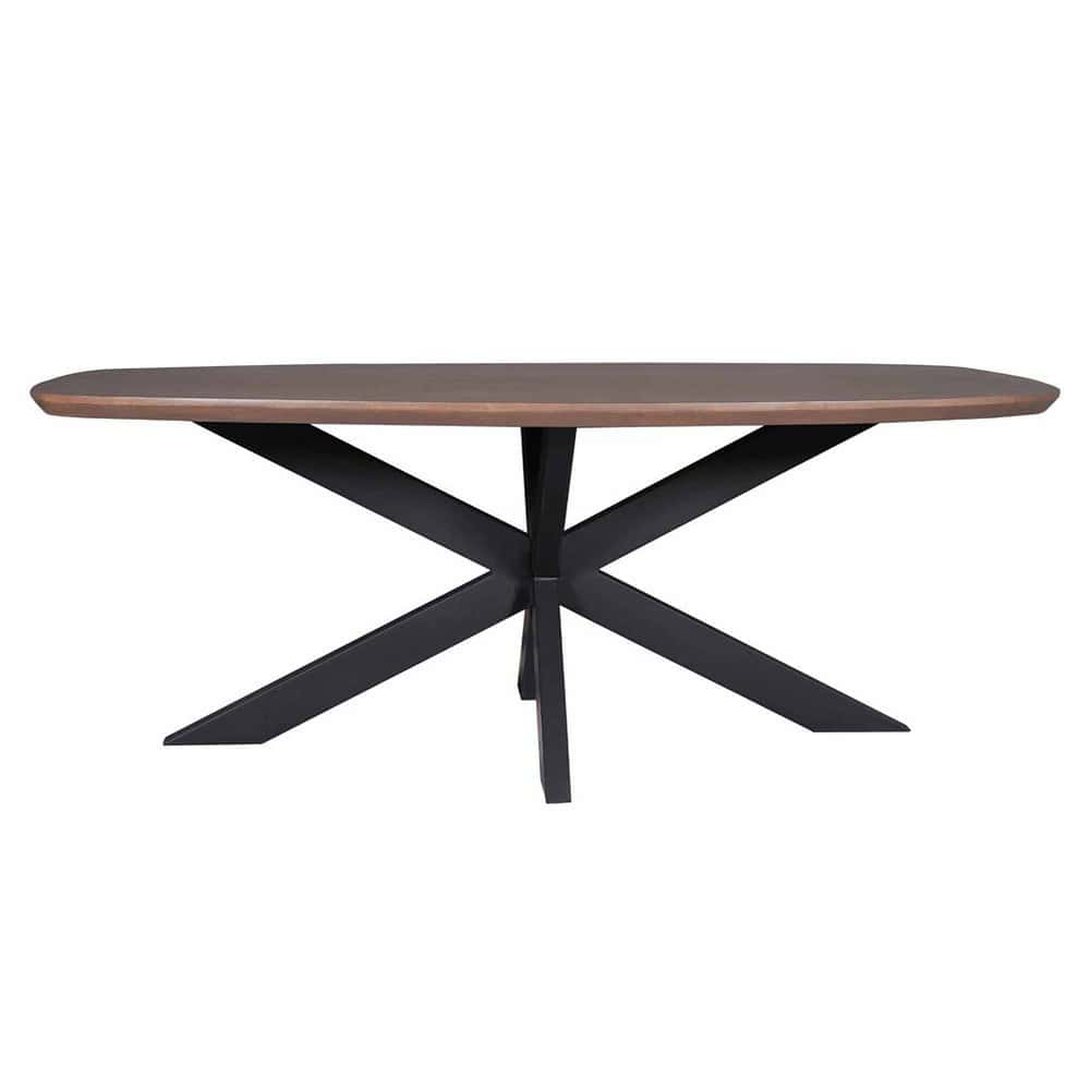 Elegante houten eettafel met zwarte metalen onderstel, modern design en hoogwaardige afwerking, perfect voor een stijlvolle eetruimte of vergaderruimte.