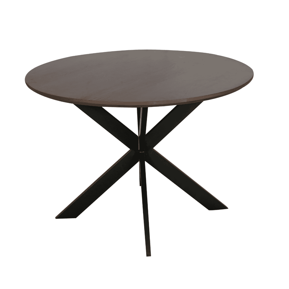 Elegante ronde eettafel met houten blad en zwart metalen onderstel, perfect voor moderne interieurs en dineerinen met stijl.
