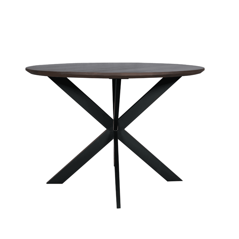 Modern eettafel met donker houten blad en zwart metalen onderstel, perfect voor eigentijdse interieurstijl en stijlvolle eetkamers.