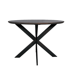 Modern eettafel met donker houten blad en zwart metalen onderstel, perfect voor eigentijdse interieurstijl en stijlvolle eetkamers.