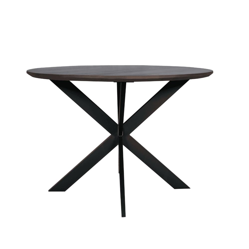 Strak modern eettafel met donker houten blad en zwart metalen onderstel, perfect voor stijlvolle eethoeken en interieur.