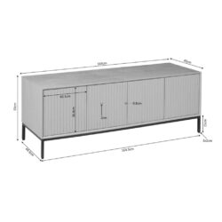 Hoogwaardige houten tv-meubel met geverfde afwerking, zwarte metalen poten en opbergmogelijkheden, perfect voor modern interieur, maat 165x45 cm, in landelijke en Scandinavische woonstijlen.