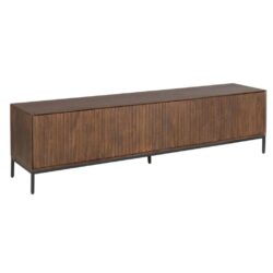 Elegante houten tv meubel met slijtvaste afwerking en strakke zwarte metalen poten, perfect voor moderne interieurs, biedt optimale opbergruimte en stijl voor woonkamer of slaapkamer.