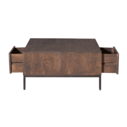 Eettafel van massief eikenhout met ingebouwde lades voor extra opbergruimte, stijlvol en functioneel meubelstuk voor een moderne woonkamer.