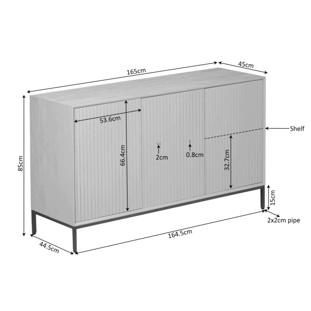 Robuuste houten dressoirkast met verticale panelen, op metalen pootjes, geschikt voor moderne interieur inrichting, afmetingen 165x45x85cm, ideaal voor stijlvolle opbergruimte in woonkamer of slaapkamer.