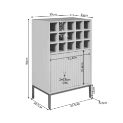 Hoogwaardige witte houten wijnkast met 15 vakken, verstelbare planken en metalen poten, perfect voor wijnopslag, keuken of interieurdecoratie.