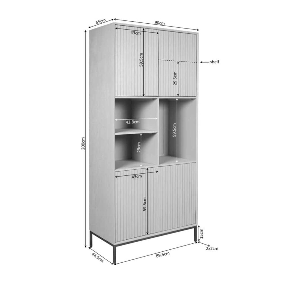 Hoogwaardige houten boekenkast met open en gesloten opbergruimte, modern design, perfect voor woonkamer of kantoor, maat: 200cm hoog, 89.5cm breed, 44.5cm diep, geschikt voor storing en display.