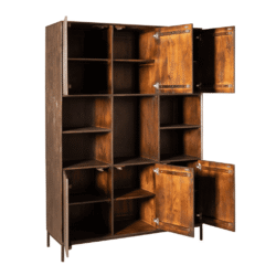 Vintage houten kast met meerdere vakken en deuren, perfect voor opbergen en decoratie in huis of kantoor, luxe meubelstuk van Mokana Meubelen.