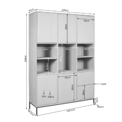 Robuuste houten boekenkast met meerdere opbergvakken en schuifdeuren, ideaal voor woonkamer of kantoor. Gepersonaliseerd design met afmetingen, inclusief open vakken en gesloten opbergruimtes.