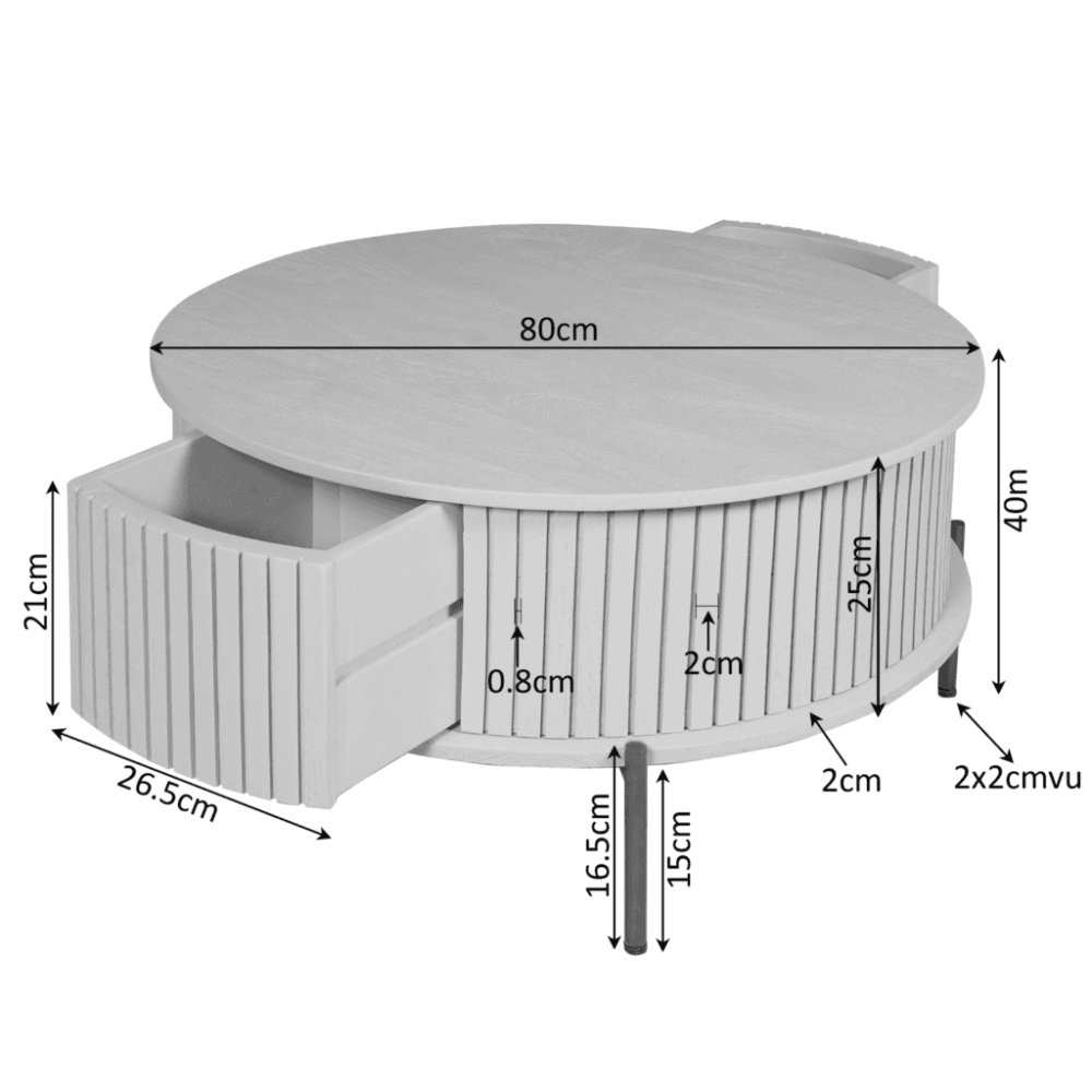 Moderne ronde Salontafel van Mokana Meubelen met opbergruimte en strak design, perfect voor elke woonkamer; voorzien van natuurlijke houtafwerking en praktische opbergvakken.