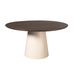 Elegant eettafel met donkere houten blad en unieke sculpturale basis, perfect voor moderne interieurs en dinerruimtes.
