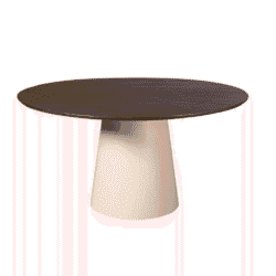 Modern eettafel met donker houten blad en beige conisch pootje, perfect voor Scandinavisch interieur en maatwerk meubels.