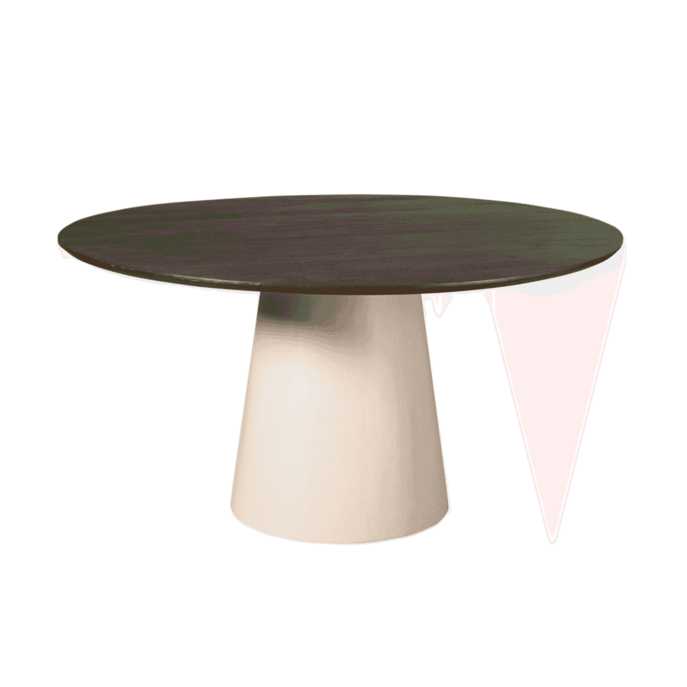 Gestileerde eettafel met donker houten blad en keramische voet, modern design, ideale eethoek meubel, stijlvolle houten tafel voor moderne interieurs.