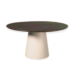 Gestileerde eettafel met donker houten blad en keramische voet, modern design, ideale eethoek meubel, stijlvolle houten tafel voor moderne interieurs.