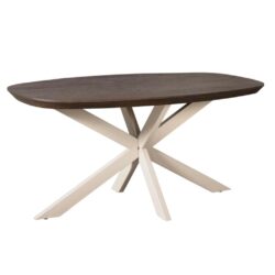 Elegant eettafel van donker massief hout met unieke witte houten pootstructuur, modern en stijlvol design voor warme woonruimtes.