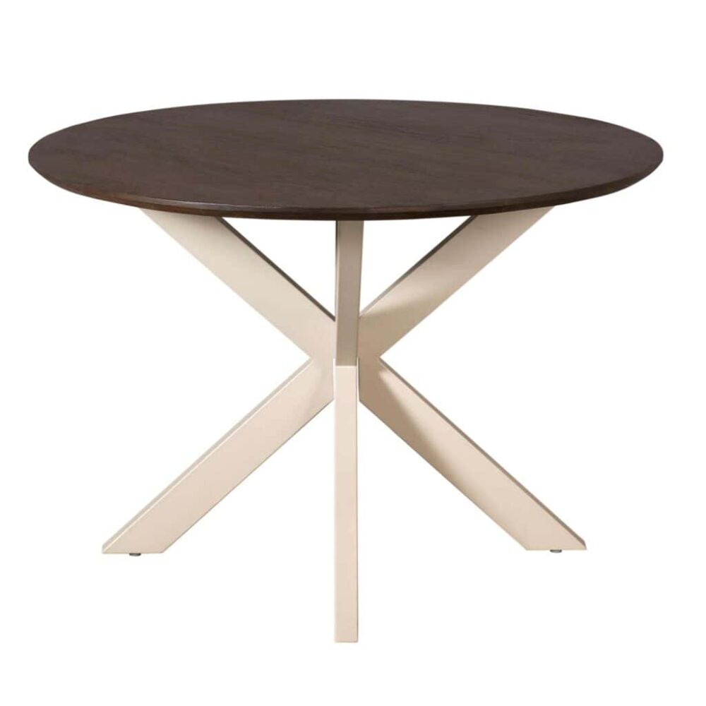 Elegante ronde eettafel met donker houten blad en moderne, witte X-vormige poot voor een stijlvolle uitstraling en optimale functionaliteit. Perfect voor moderne woon- of eetkamers.