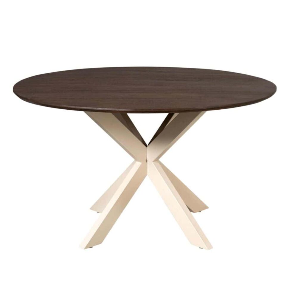 Luxe eettafel van massief donker eikenhout met modern cremekleurig onderstel, perfect voor een stijlvolle eetkamer of eetruimte.