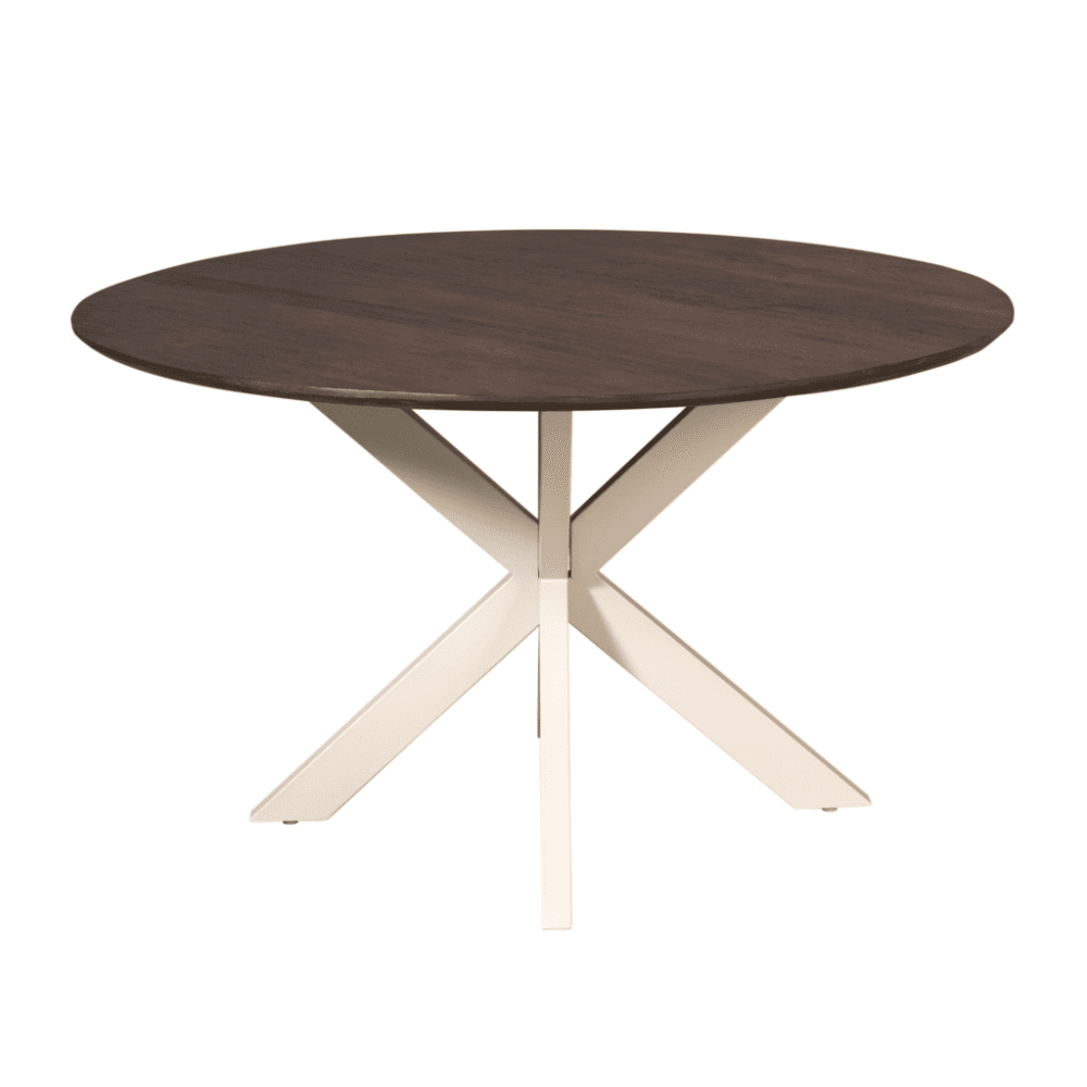 Ronde eettafel met houten tafelblad en witte X-vormige basis, modern design voor woonkamer of eetkamer.