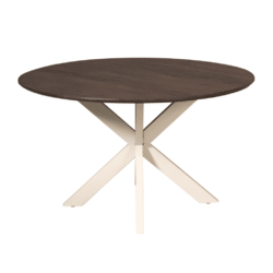 Ronde eettafel met houten tafelblad en witte X-vormige basis, modern design voor woonkamer of eetkamer.