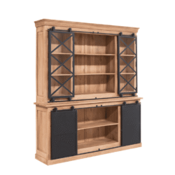 Houten woonkamerkast met zwarte schuifdeuren en rails, landelijk design, op maat gemaakt, boekenkast, opbergmeubel, modern landelijke stijl, sfeervol interieur, op maat gemaakte meubelen, rustiek houten kast, landelijke houten meubelen.