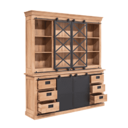 Hoogwaardige houten kast met zwarte metalen schuifdeuren, zorgt voor functionele opbergruimte en industrieel design. Perfect voor een stijlvolle en praktische woon- of eetkamer inrichting.