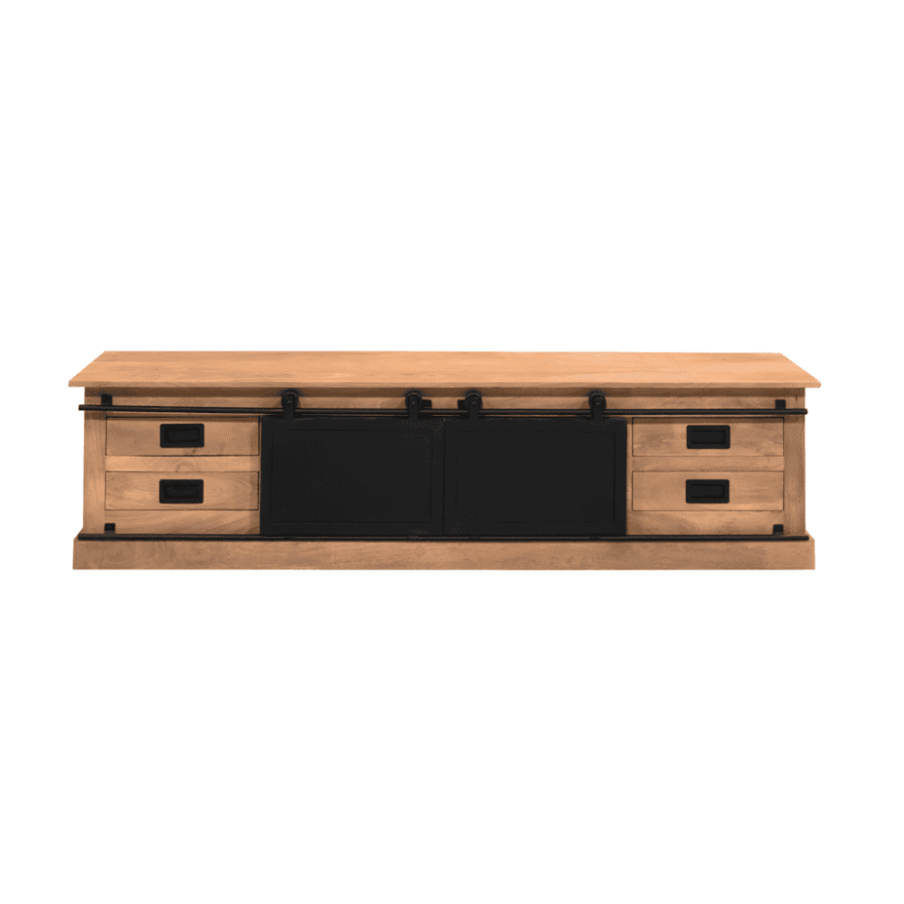 Massief houten TV-meubel met zwarte stalen schuifdeuren en lades, rustiek design, op maat gemaakt, perfect voor modern en industrieel interieur, hoogwaardige afwerking door Mokana Meubelen.